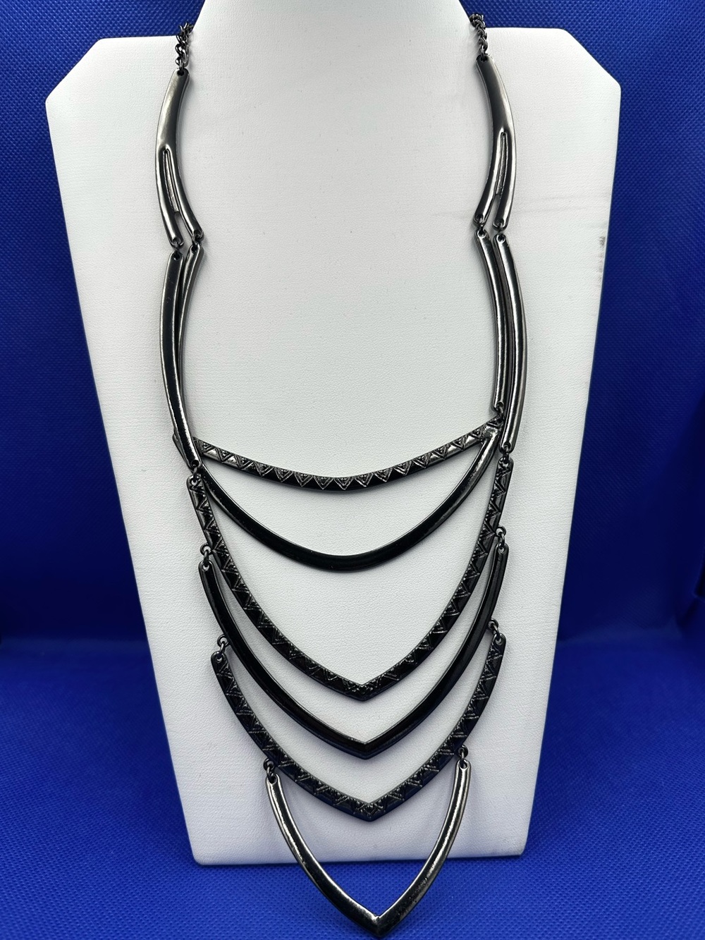 Gunmetal Tone Layered V-Shape Bib Statement Necklace